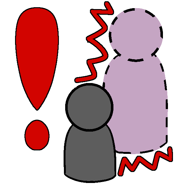 A small gray figure with a faded pink figure with a dotted outline behind them. The faded figure has a spiked red outline, and there is a red exclamation point.